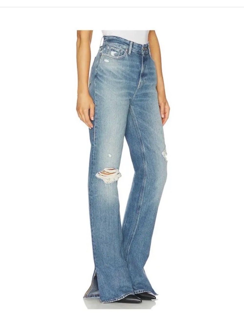 Good American Light Blue High-Rise Distressed Wide-Leg Jeans